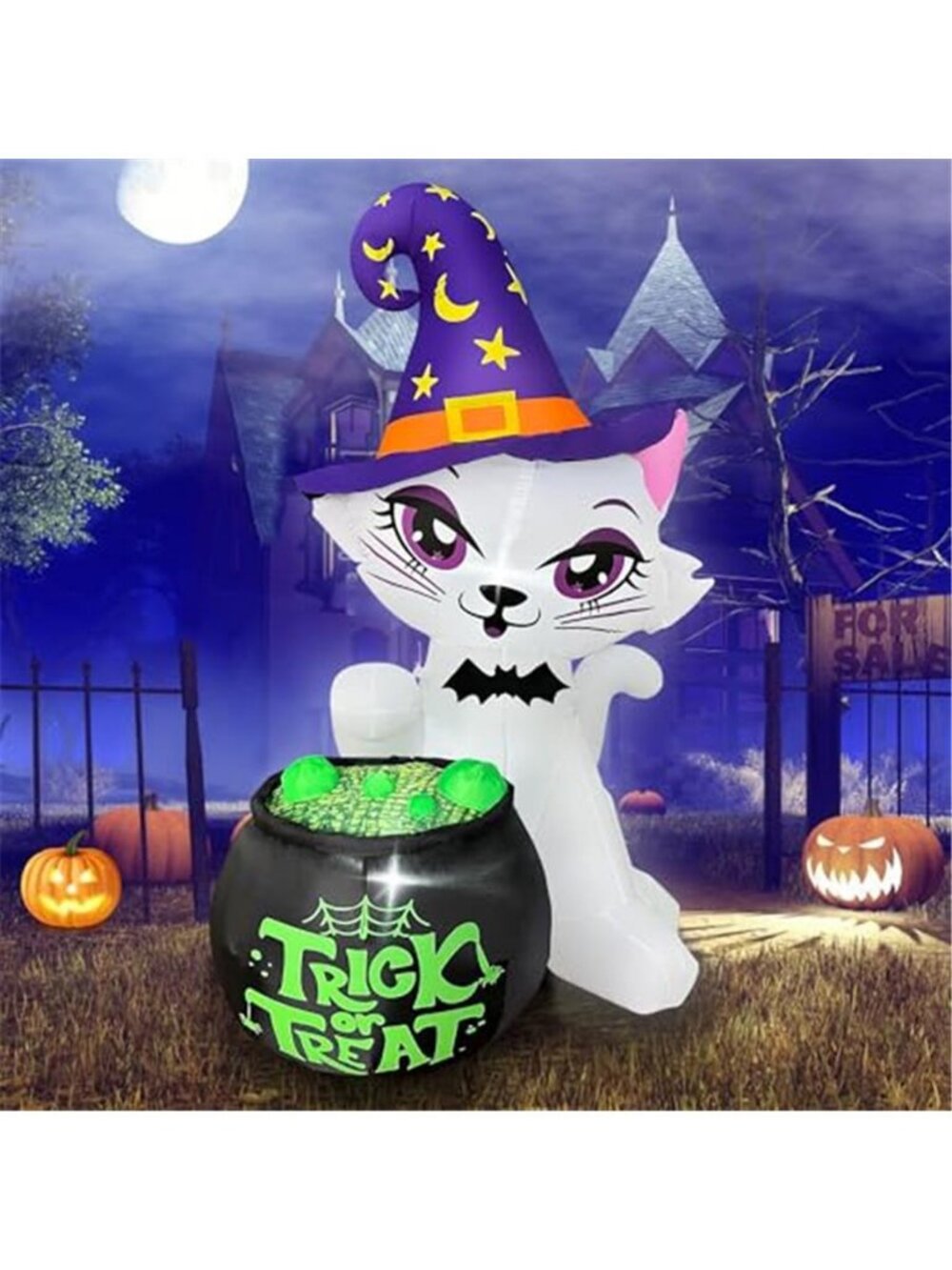 5Ft Halloween Inflatables Cat with Witch Cauldron Decoration, Blow Up Yard